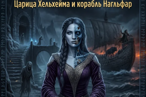 Обложка с королевой Хель, замок и корабль Нагльфар с текстом Хель в скандинавской мифологии.
