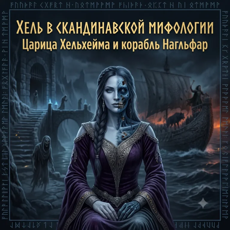 Обложка с королевой Хель, замок и корабль Нагльфар с текстом Хель в скандинавской мифологии.