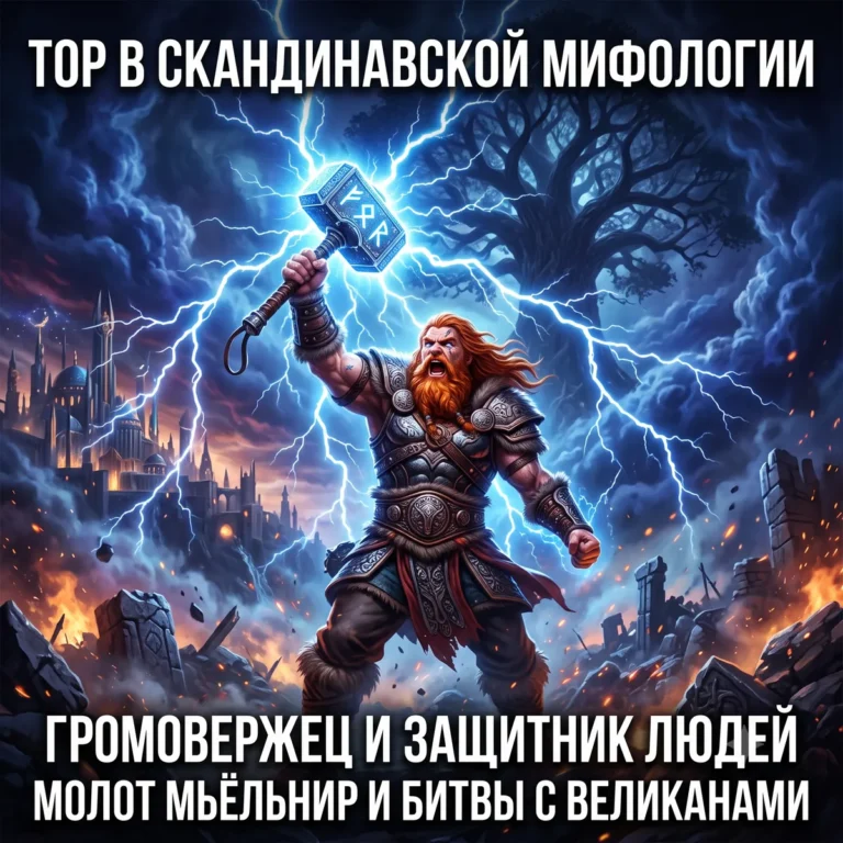 Абстрактный баннер с размытым текстом Тор в скандинавской мифологии и синим фоном.